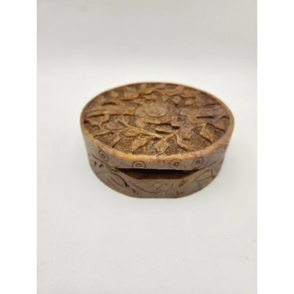 Vintage Carved Soapstone Hinged Round Trinket Jewelry‎ Keepsake Box With Lid